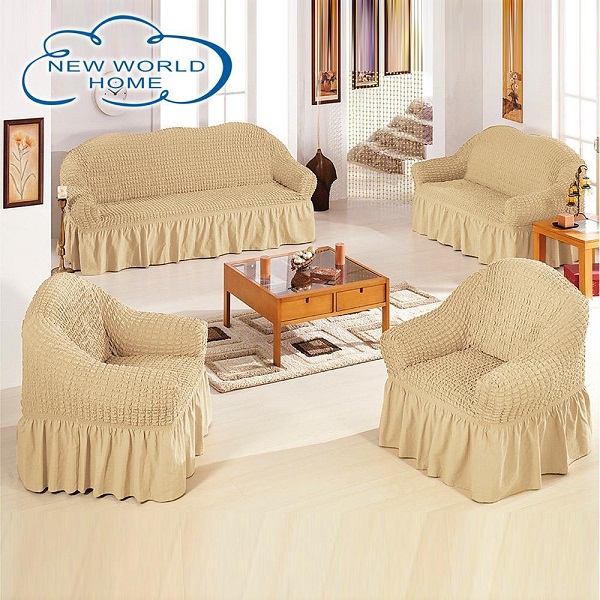 Σετ Ελαστικά Καλύμματα Καναπέ – Σαλονιού Mε Βολάν 3 Τεμαχίων Μπεζ