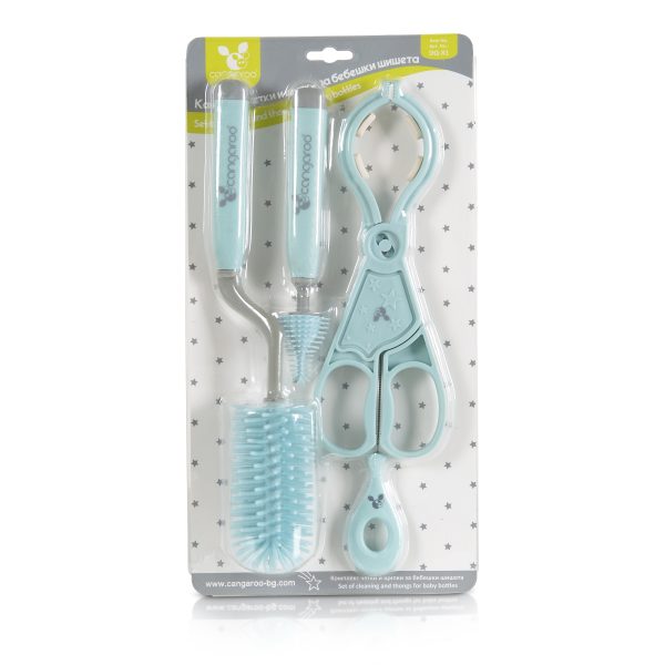 Set of cleaning brushes and tongs for baby bottles blue